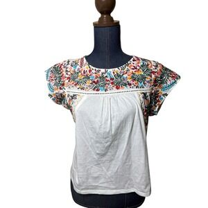 Tiny XS White Floral Embroidered Boho Blouse Colorful Folk Art Cottagecore Top